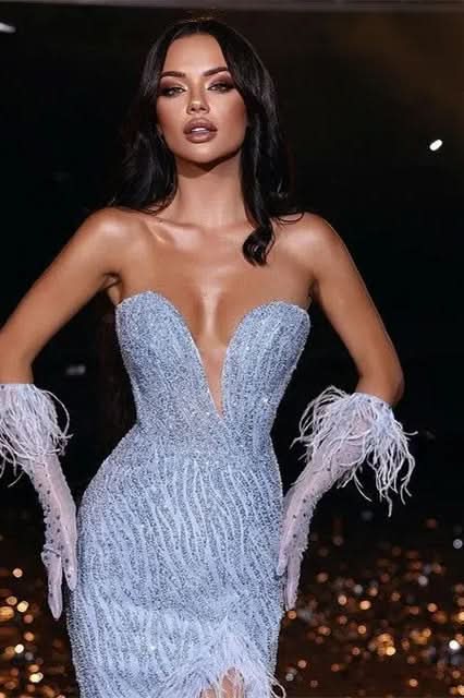 Gorgeous Sweetheart Mermaid Evening Dress with Sequins, Split, and Feather BM bride