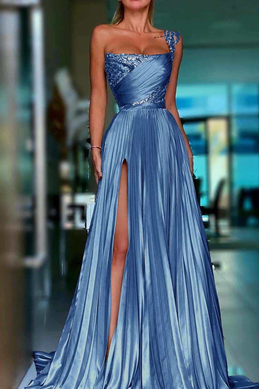 One Shoulder Sleeveless Long Prom Dress With High Split Sequins BMBRIDE