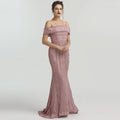 Dusty Rose Off-the-Shoulder Prom Dress with Mermaid Beading BM bride