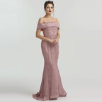 Dusty Rose Off-the-Shoulder Prom Dress with Mermaid Beading BM bride