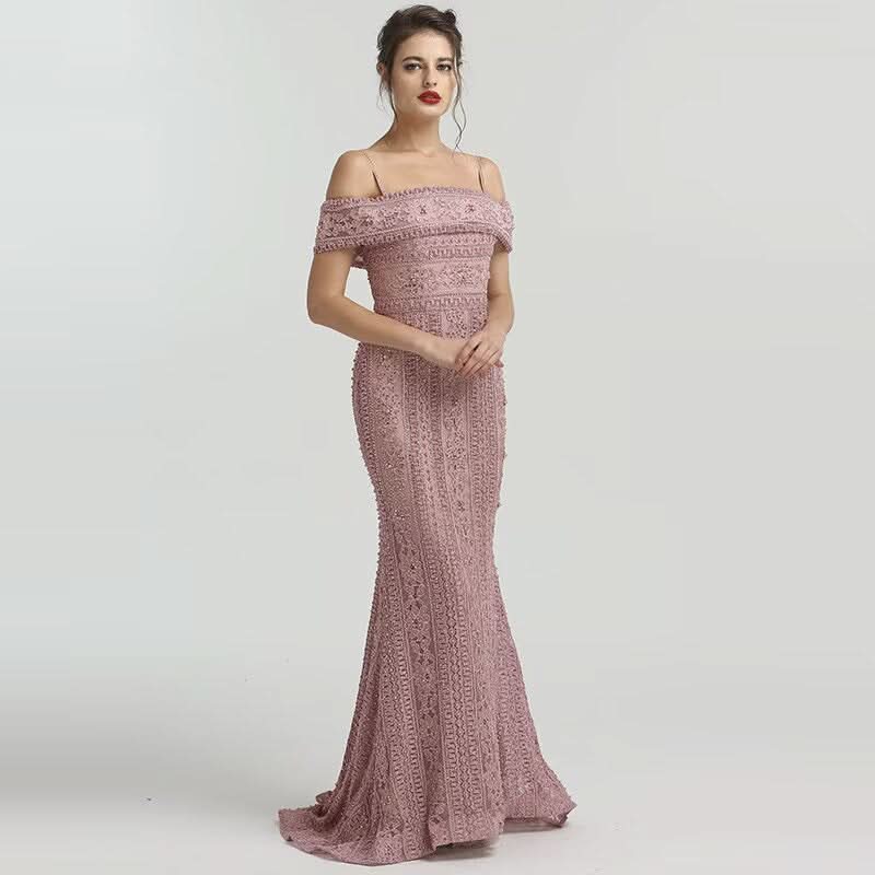 Dusty Rose Off-the-Shoulder Prom Dress with Mermaid Beading BM bride