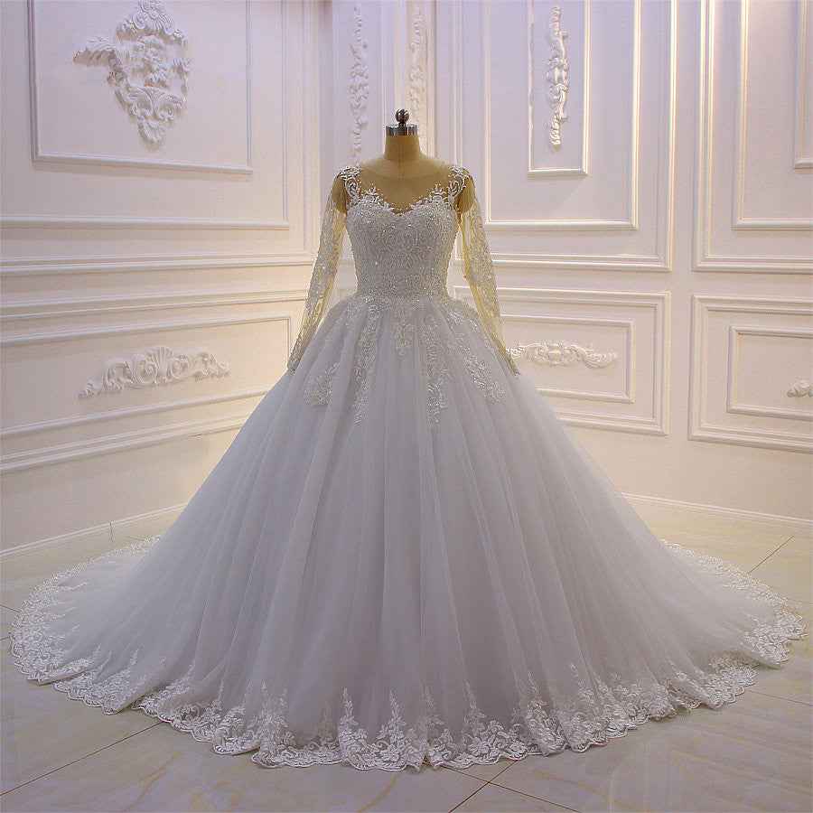Bateau Long Sleeve Lace A-Line Wedding Dress with Pearls and Tulle Appliques BM bride