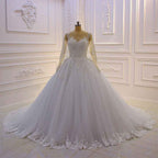 Bateau Long Sleeve Lace A-Line Wedding Dress with Pearls and Tulle Appliques BM bride