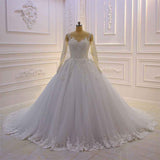 Bateau Long Sleeve Lace A-Line Wedding Dress with Pearls and Tulle Appliques BM bride
