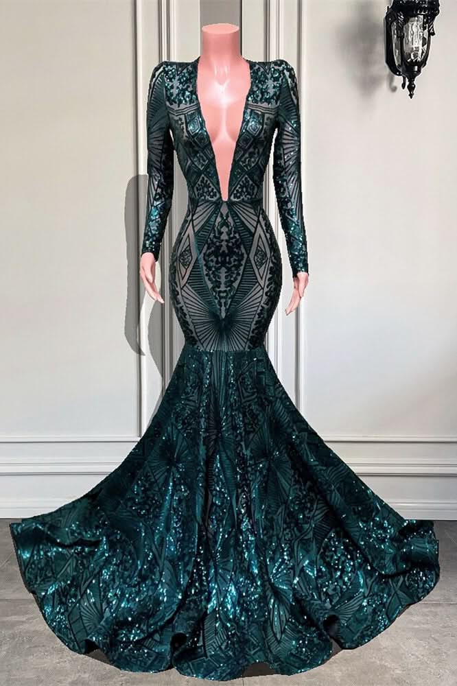 Emerald V-Neck Long Sleeves Sequins Lace Mermaid Prom Dress BM bride
