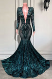 Emerald V-Neck Long Sleeves Sequins Lace Mermaid Prom Dress BM bride