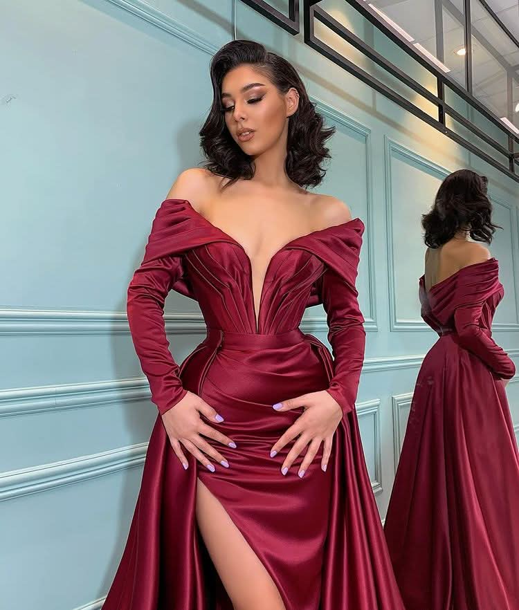 Burgundy Long Sleeves Mermaid Evening Dress BM bride