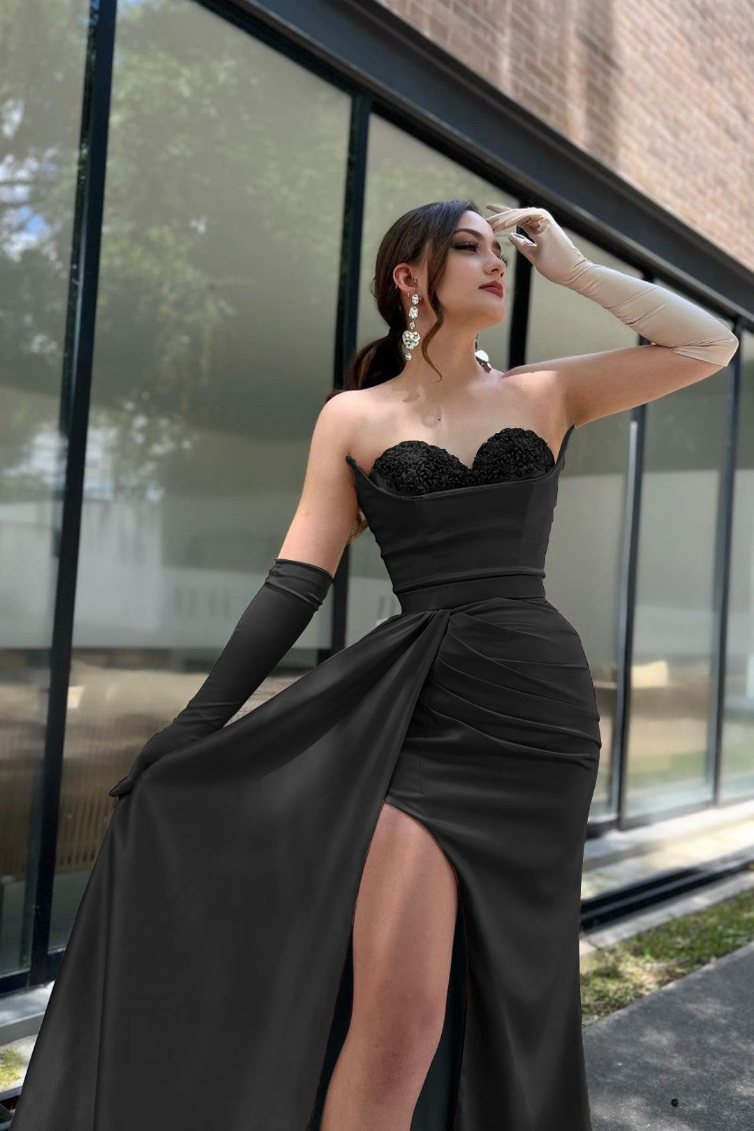 Prom Dress Sleeves Champagne Sweetheart High Slit With Gloves BMBRIDE