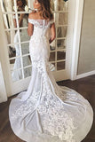Off-the-Shoulder Sweep Train Mermaid Wedding Dress with Appliques BM bride