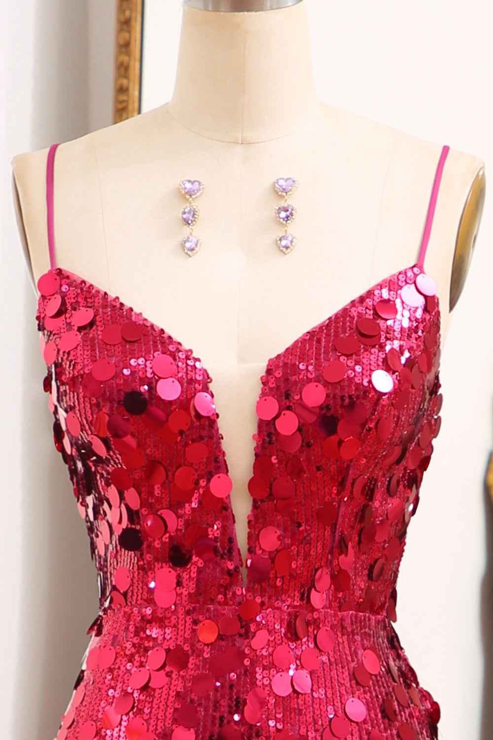 Sparkly Purple Mermaid Spaghetti Straps Sequins Long Prom Dress with Slit