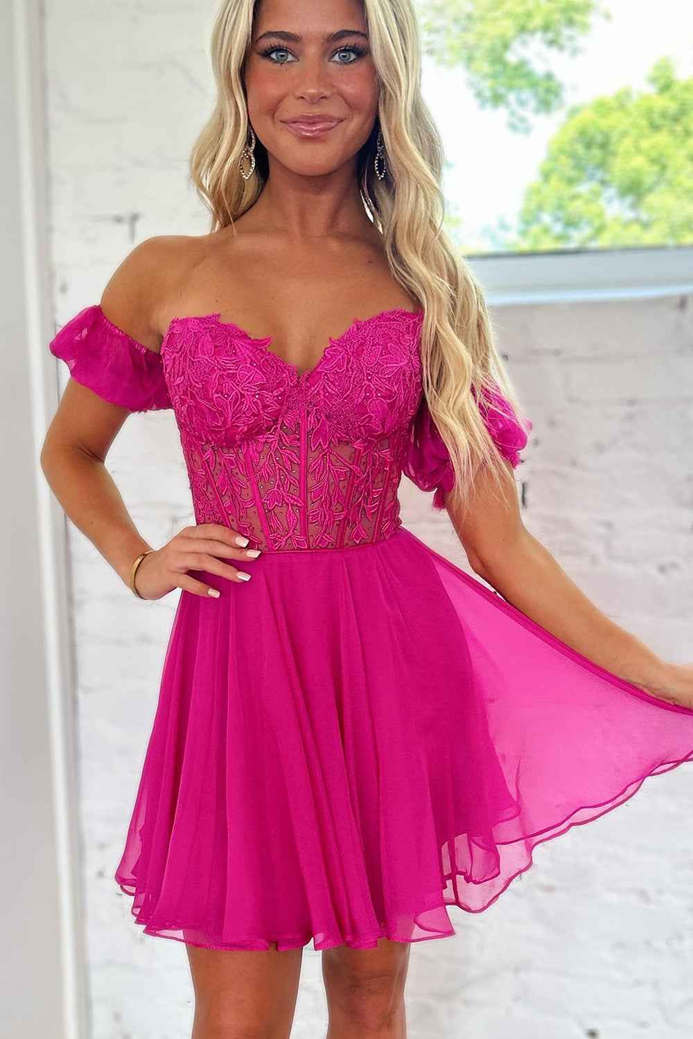 Sparkly Fuchsia Lace-Up Back A-Line Short Homecoming Dress with Lace