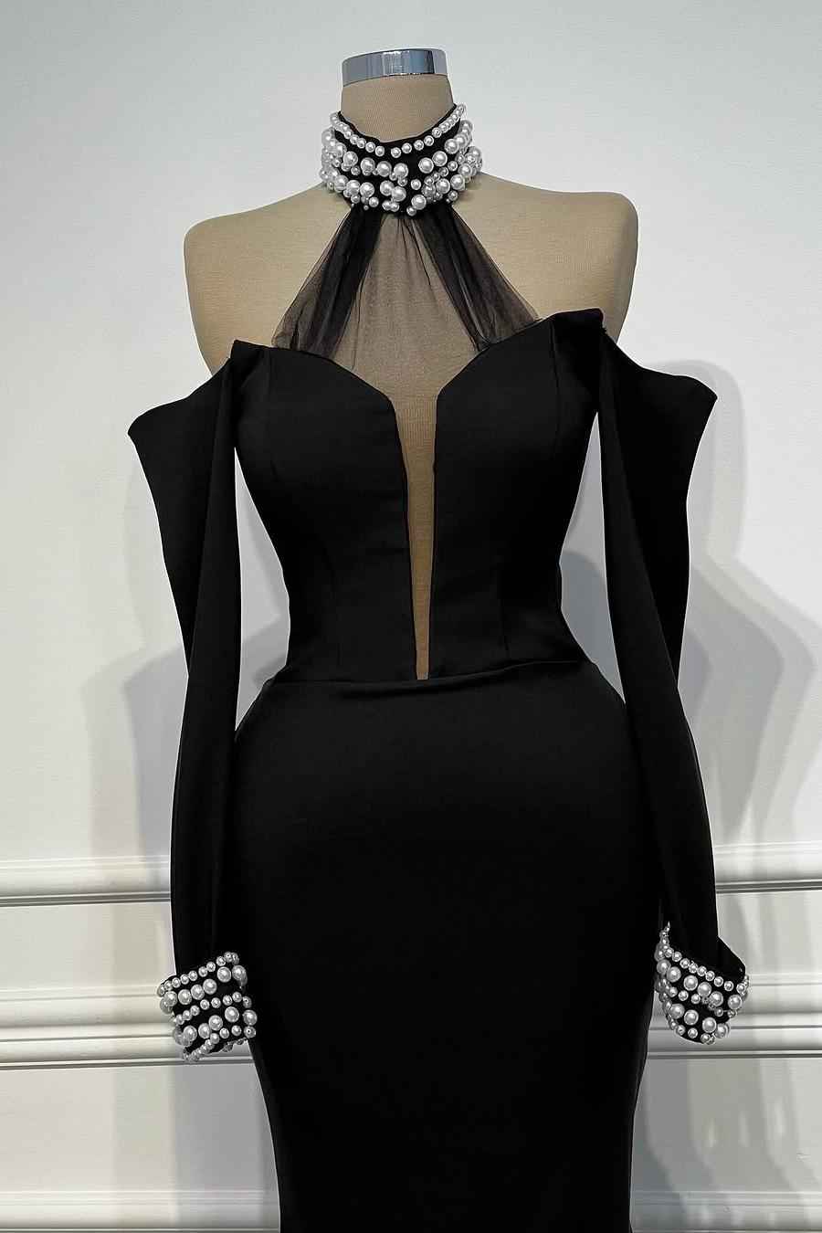 Halter Off the Shoulder Long Sleeves Mermaid Long Prom Dress With Beading