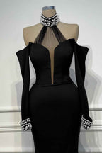 Halter Off the Shoulder Long Sleeves Mermaid Long Prom Dress With Beading