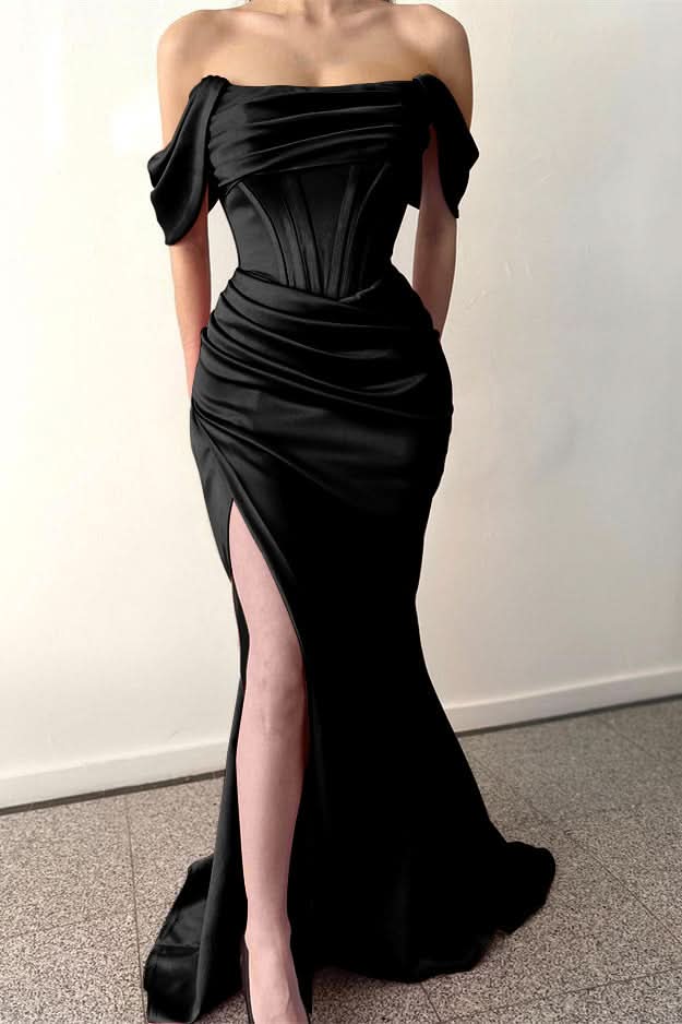Dusty Rose Off-The-Shoulder Mermaid Prom Dress with Pleats and Split BM bride