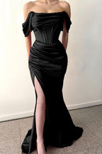 Dusty Rose Off-The-Shoulder Mermaid Prom Dress with Pleats and Split BM bride