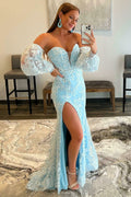 Charming V Neck Half-Sleeve Evening Dress with Appliques and Slit BM bride