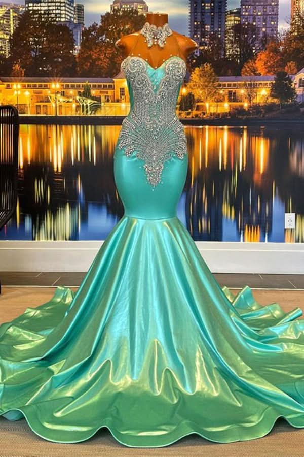 Mint Green Halter Evening Dress with Sleeveless Appliques BM bride