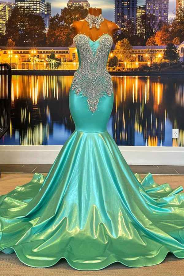 Chic Sleeveless Mermaid Jade Long Prom Dress Beaded With Appliques