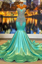 Chic Sleeveless Mermaid Jade Long Prom Dress Beaded With Appliques