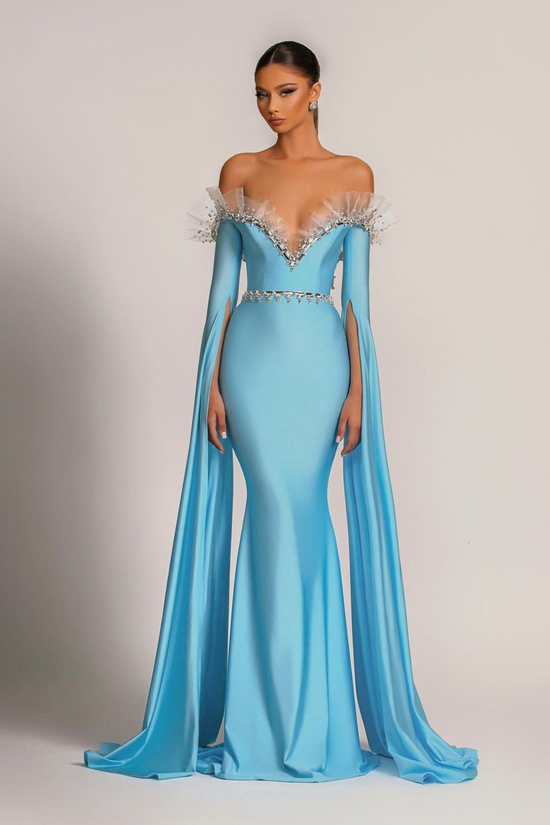 Baby Blue Evening Dress V-Neck with Long Sleeves Tulle Beadings BM bride