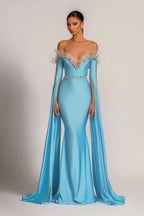 Baby Blue Evening Dress V-Neck with Long Sleeves Tulle Beadings BM bride
