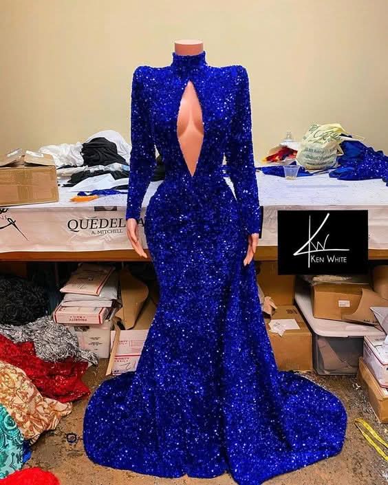 Royal Blue High Neck Long Sleeve Mermaid Prom Dress with Sequins BM bride