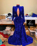 Chic High Neck Long Sleeves Royal Blue Long Mermaid Prom Dress With Sequins