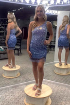 Sparkly Blue Sequined One Shoulder Tight Short Homecoming Dress with Fringes