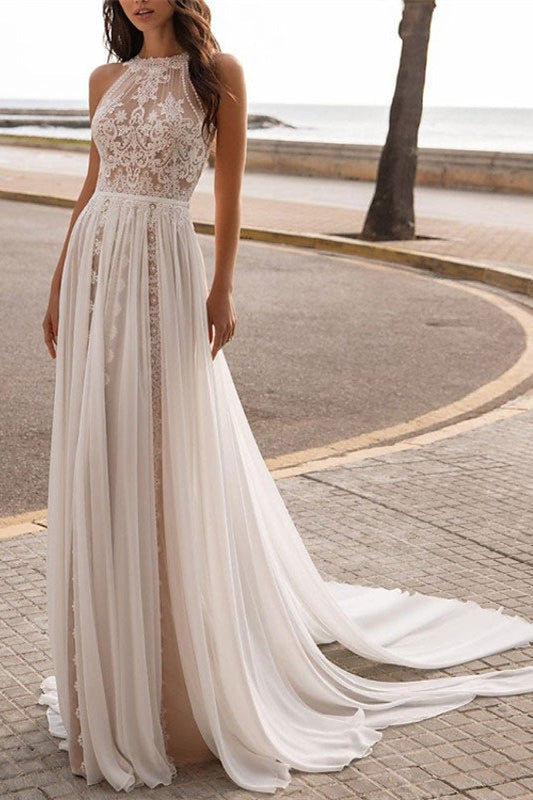 Halter Neck Sleeveless Lace Wedding Dress BM bride