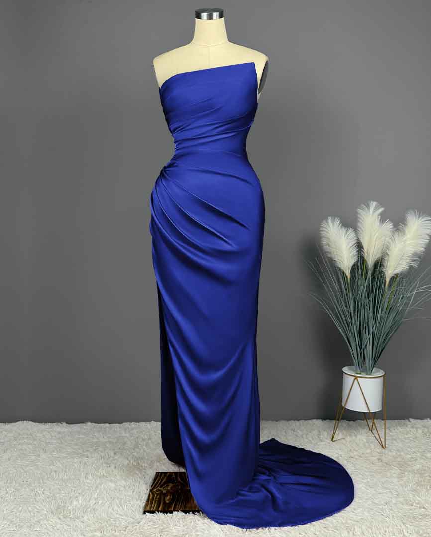 Simple Blue Sleeveless Charmeuse Prom Dress with High Slit and Pleats BM bride