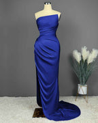 Simple Blue Sleeveless Charmeuse Prom Dress with High Slit and Pleats BM bride