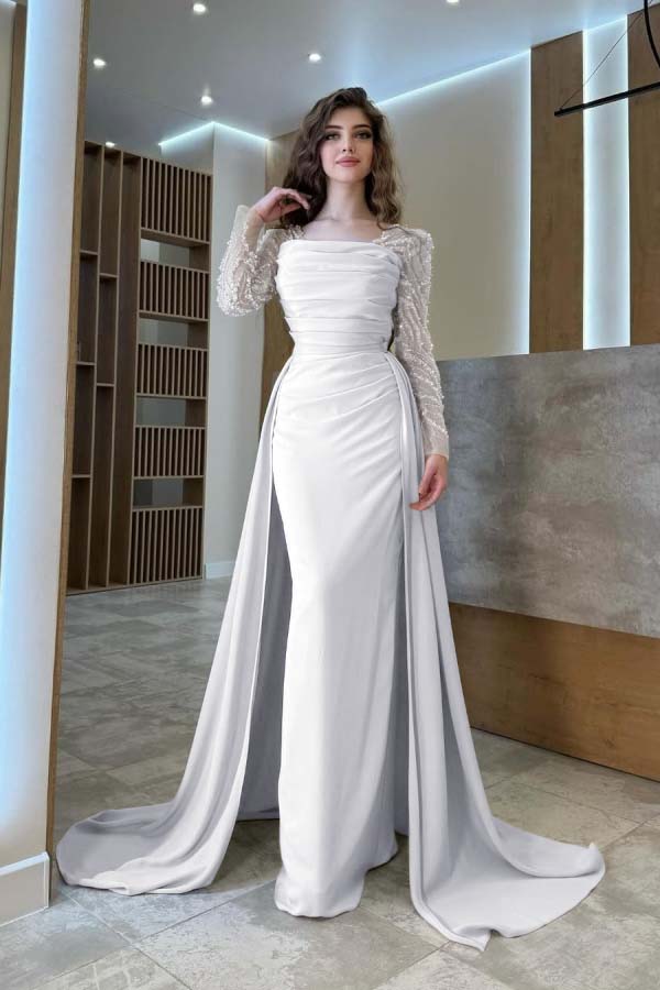 Long Sleeves Square Neck Long Mermaid Prom Dress With Pleated BMBRIDE