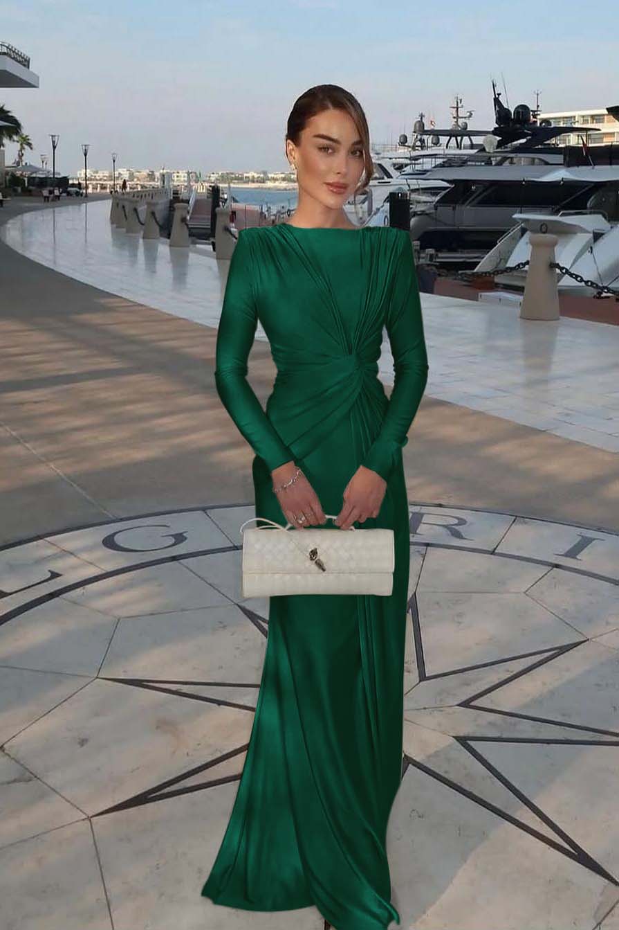 Chic Jewel Long Sleeves Mermaid Long Prom Dress With Pleated BMBRIDE