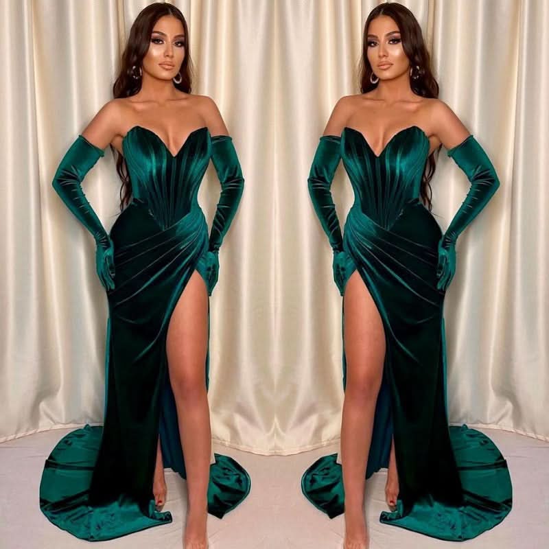 Dark Green Sleeveless Front Split Mermaid V-Neck Evening Dress BM bride