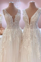 Wide Straps Open Back A-Line Wedding Dress With Lace Appliques Tulle Train BM bride