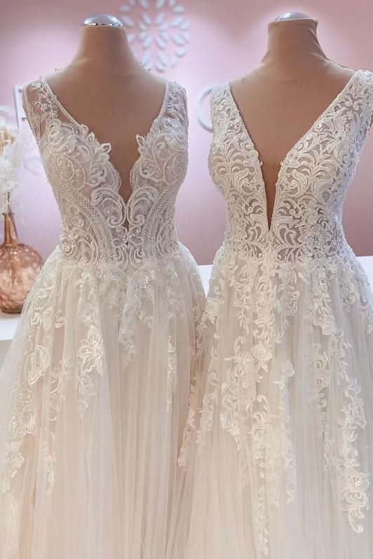 Wide Straps Open Back A-Line Wedding Dress With Lace Appliques Tulle Train BM bride