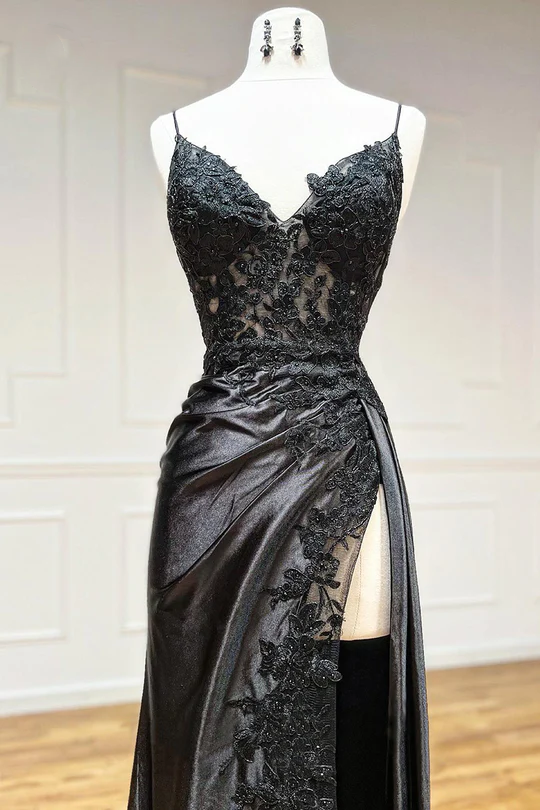 Black Lace Printed Long Prom Dress with High Slit BM bride