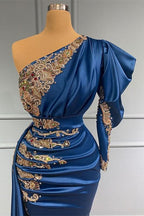 Royal Blue One-Shoulder Beadings Mermaid Prom Dress Long BM bride