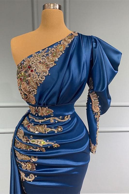 Royal Blue One-Shoulder Beadings Mermaid Prom Dress Long BM bride
