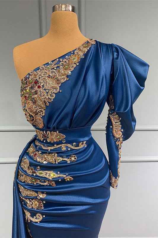 Chic Royal Blue Beadings One Shoulder Mermaid Prom Dress Long With Pleated