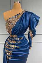 Chic Royal Blue Beadings One Shoulder Mermaid Prom Dress Long With Pleated