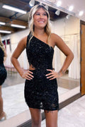 Sparkly Black Sequins Beaded One Shoulder Tight Homecoming Dress Bmbride