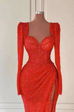 Red Long Sleeves Sweetheart Sequins Mermaid Evening Dress with Split BM bride