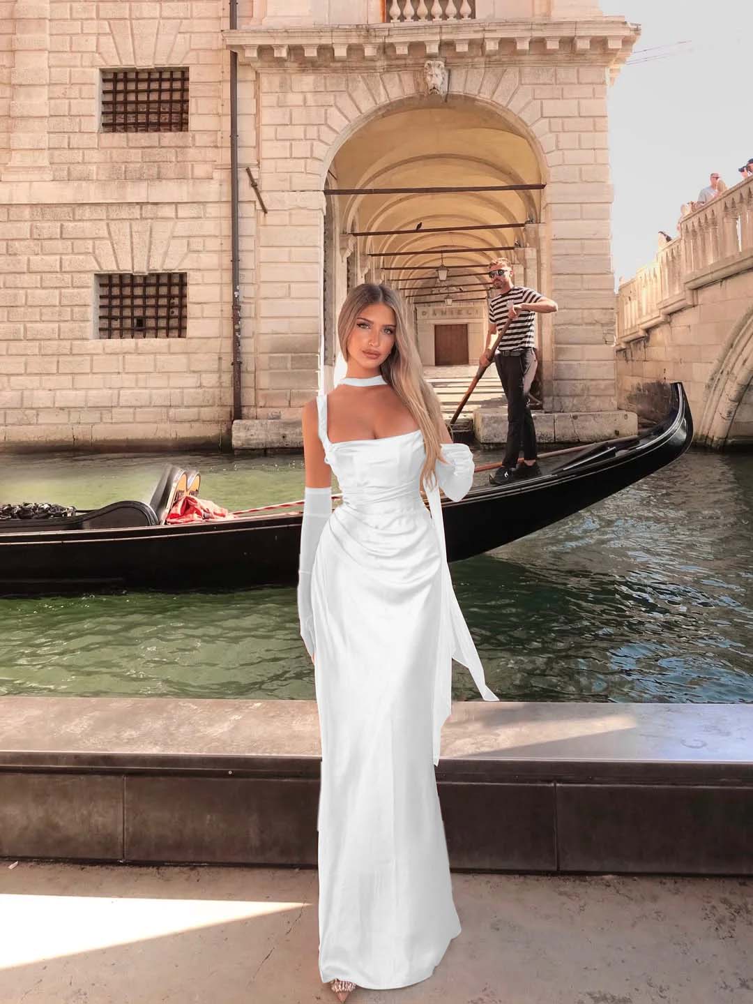 Spaghetti Strap Sleeveless Long Mermaid Prom Dress With Gloves BMBRIDE