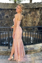 Gorgeous Mermaid Strapless Lace Long Prom Dress with Slit BM bride