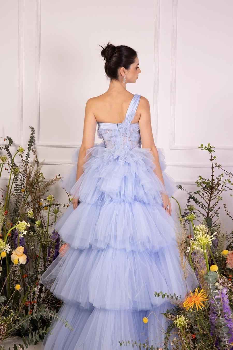 Chic Tulle One Shoulder Sleeveless Ball Gown Long Prom Dress