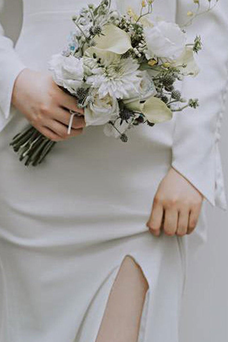 V-Neck Long Sleeve Slit Wedding Dress BM bride