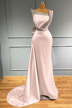 Light Blue One-Shoulder Sleeveless Mermaid Prom Dress with Beads and Ruffles BM bride