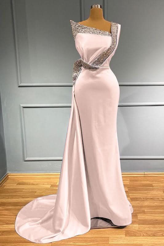 Light Blue One-Shoulder Sleeveless Mermaid Prom Dress with Beads and Ruffles BM bride