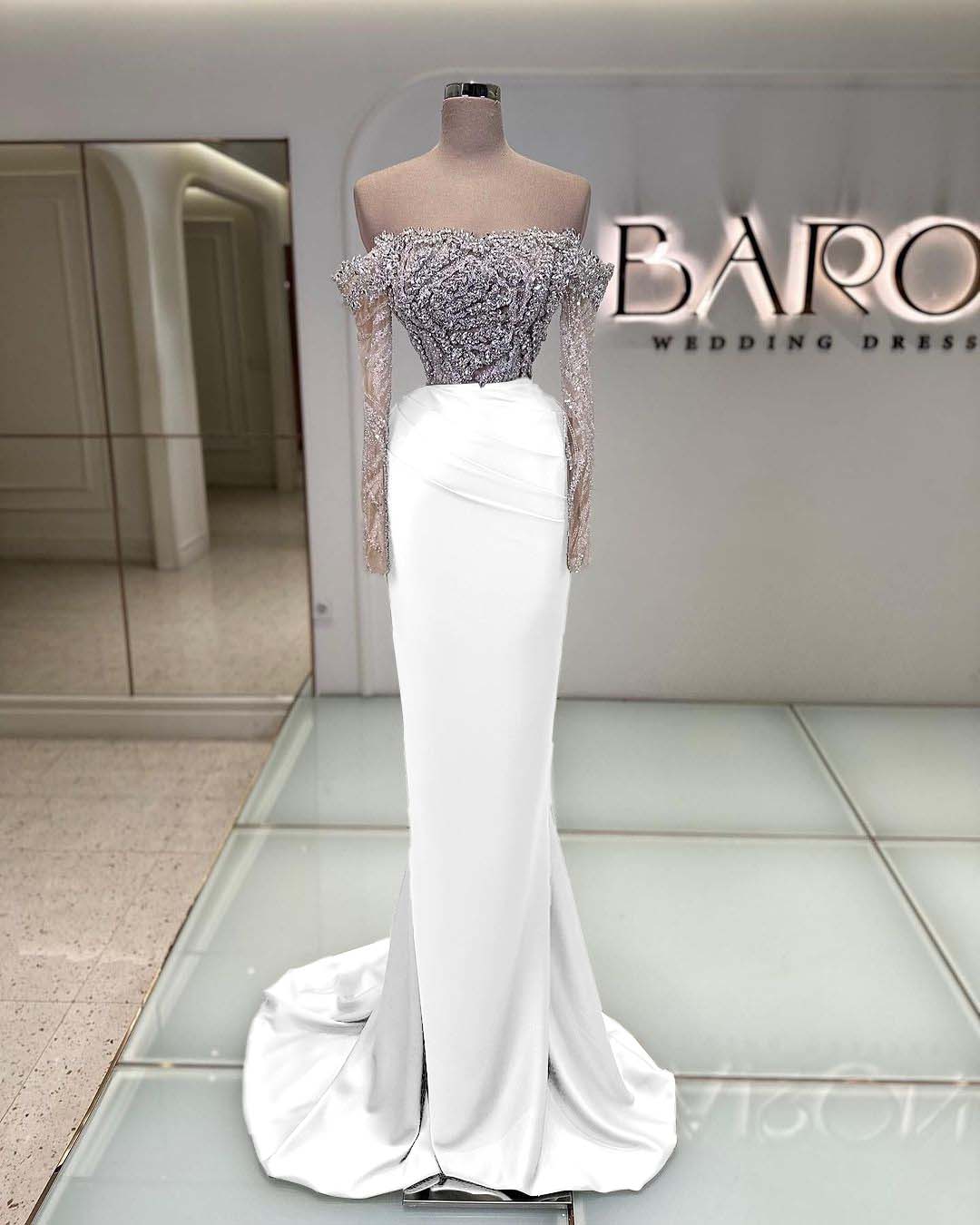 Off the Shoulder Long Sleeves Long Mermaid Prom Dress With Beading BMBRIDE